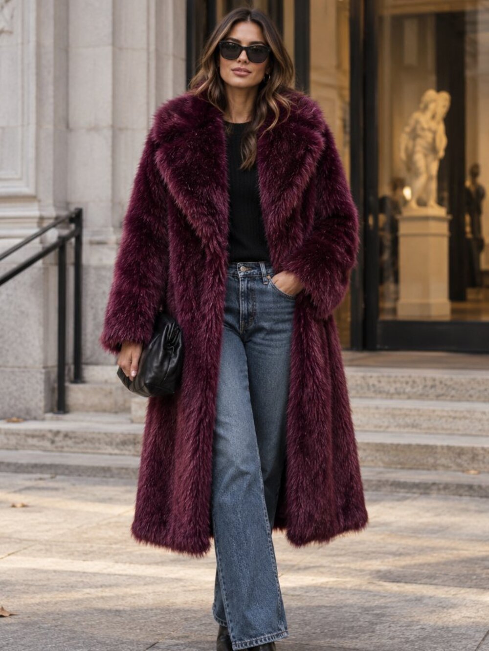 Deep Plum Burgundy Luxury Faux Fur Long Maxi Coat Oversized Lapel Winter